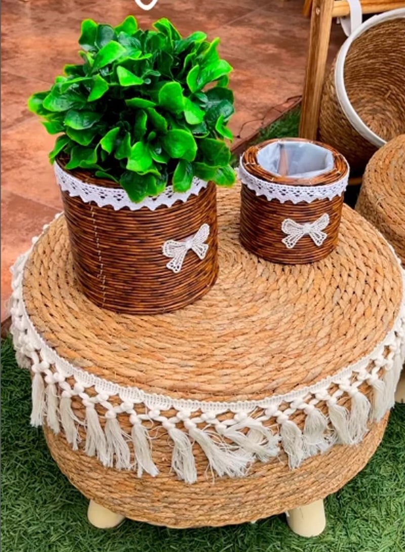 HOME TASTE TOMSUN Footrest Ottoman Stool – Handwoven Round Stool with Padded Cushion & Non-Skid Pine Legs | Soft Step Footrest for Shoe Change & Lounge Use  - Image 5