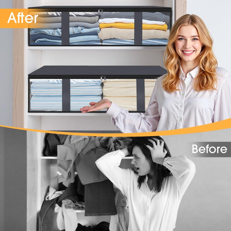 StorageRight صناديق تخزين تحت السرير من ستوريجرايت، 6 عبوات سعة 40 لتر، أكياس تخزين قماشية قابلة للطي مع نافذة شفافة، منظم للتنفس للملابس/البطانية/اللحاف/اللحاف، رمادي - Image 4