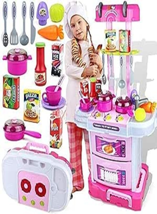 LONGMIRE Little Chef Kids Kitchen Play Set with Light & Sound Cooking Kitchen Set Play Toy (3 in 1) (Big Size Musical Kitchen Set [White]