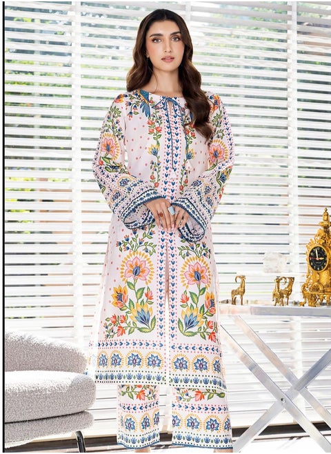 White base multicolour lawn print kurta set