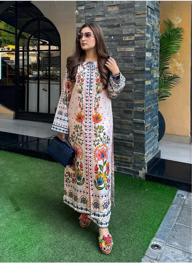 PRASHA - White base multicolour lawn print kurta set - Image 1