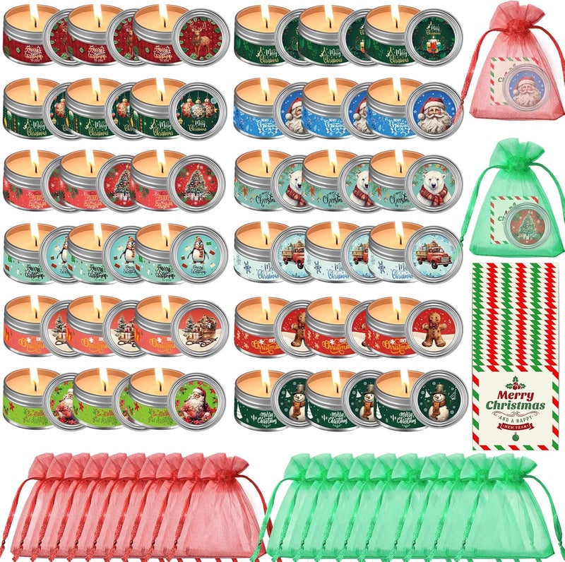 Mtlee MTLEE 36 Sets Christmas Scented Soy Wax Candles Aromatherapy Candles with Organza Bag and Cards Bulk, Portable Travel Tin Candle Party Favors Christmas Gifts for Everyone Xmas New Year Home Supplies
