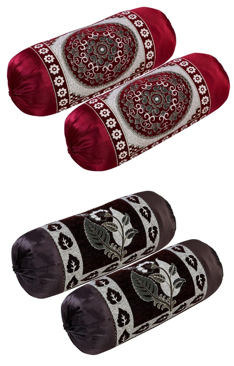 HSR Collection Premium Chennile Luxury Bolster Cover, Maroon & Coffee - 4 Pieces - Image 1