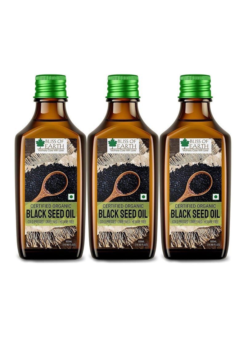 BLISS OF EARTH 500ml Organic Black Seed Kalonji Oil For Eating & Hair Cold pressed & Hexane Free Pack of 3  - Image 1
