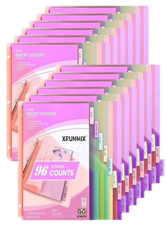 XRUNMIX 8-Tab Binder Dividers, 12 Packs Dividers Index with Pockets for 3 Ring Binders, 8 Pastel Colors, US Letter Size (12) - Image 1
