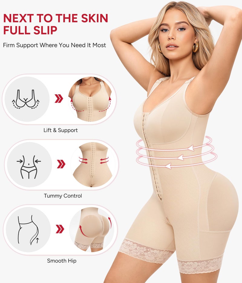 Nebility Fajas Colombianas Moldeadoras Shapewear for Women Tummy Control Postpartum Body Shaper Butt Lifter Bodysuit with Zipper Crotch(Beige, Large) - Image 2