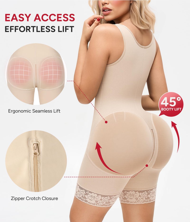 Nebility Fajas Colombianas Moldeadoras Shapewear for Women Tummy Control Postpartum Body Shaper Butt Lifter Bodysuit with Zipper Crotch(Beige, Large) - Image 4