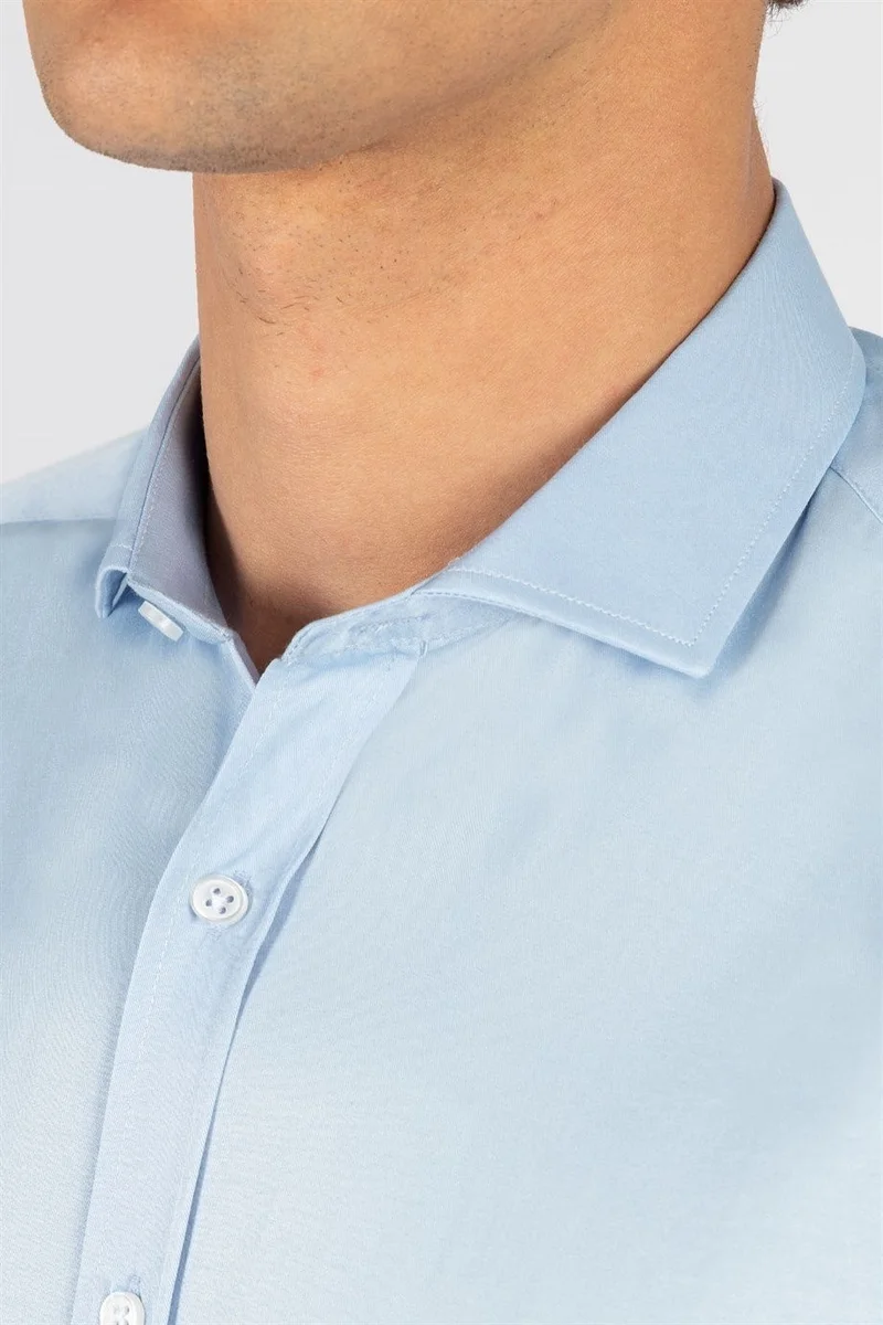 تودورس Modern Slim Fit Long Sleeve Plain Satin Cotton Men's Blue Shirt