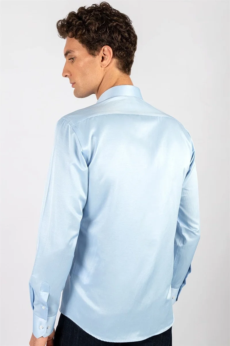 تودورس Modern Slim Fit Long Sleeve Plain Satin Cotton Men's Blue Shirt