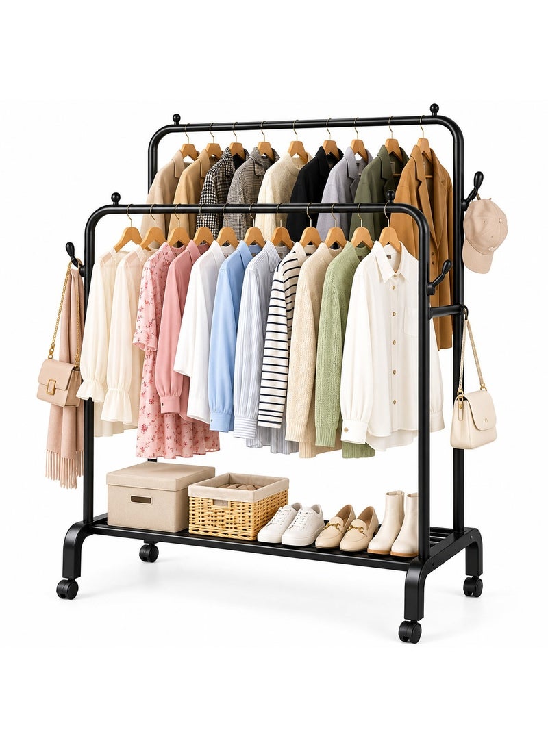 Tulipe Home Multifunctional Double Metal Clothes Rack – Garment Organizer & Clothing Stand with Lower Storage Shelf and 4 Side Hooks – Clothes Hanger for Clothes, Shoes & Bags, 140×68×38 cm, Black - Image 1