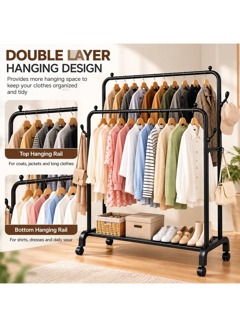 Tulipe Home Multifunctional Double Metal Clothes Rack – Garment Organizer & Clothing Stand with Lower Storage Shelf and 4 Side Hooks – Clothes Hanger for Clothes, Shoes & Bags, 140×68×38 cm, Black - Image 3