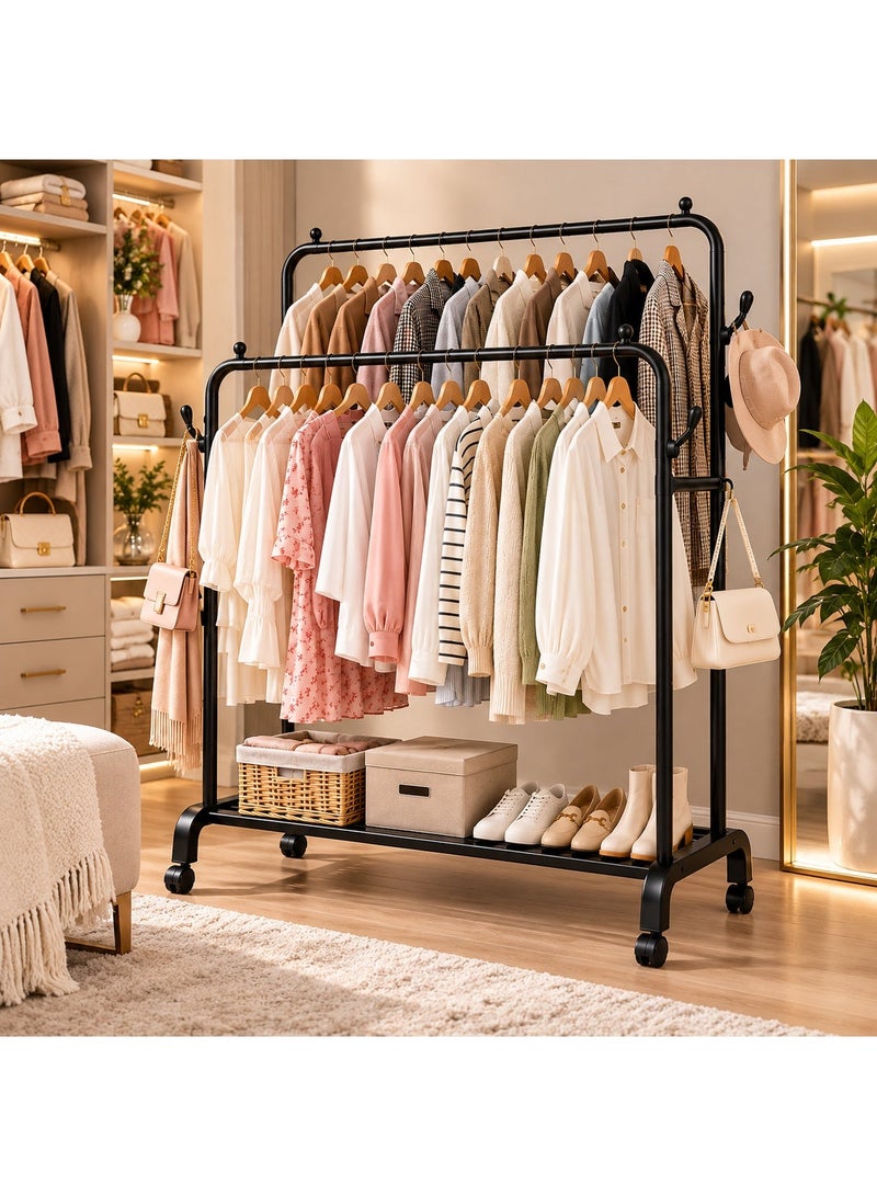 Tulipe Home Multifunctional Double Metal Clothes Rack – Garment Organizer & Clothing Stand with Lower Storage Shelf and 4 Side Hooks – Clothes Hanger for Clothes, Shoes & Bags, 140×68×38 cm, Black - Image 5
