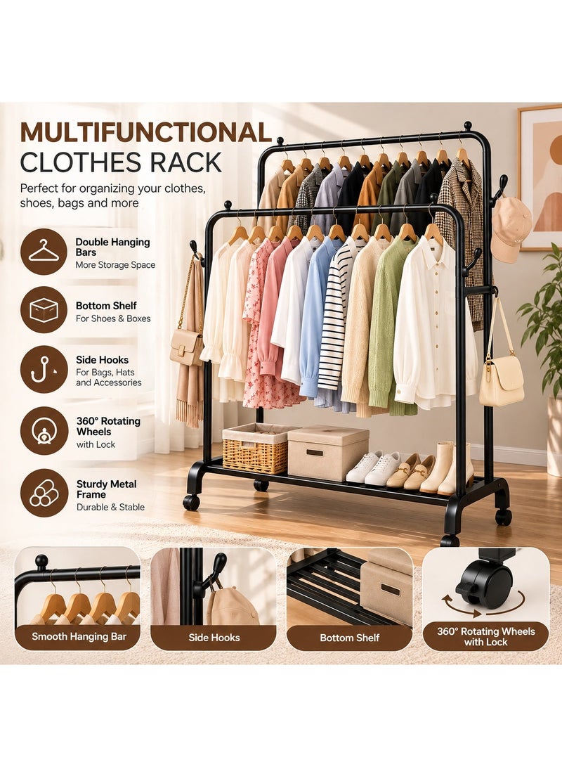 Tulipe Home Multifunctional Double Metal Clothes Rack – Garment Organizer & Clothing Stand with Lower Storage Shelf and 4 Side Hooks – Clothes Hanger for Clothes, Shoes & Bags, 140×68×38 cm, Black - Image 2