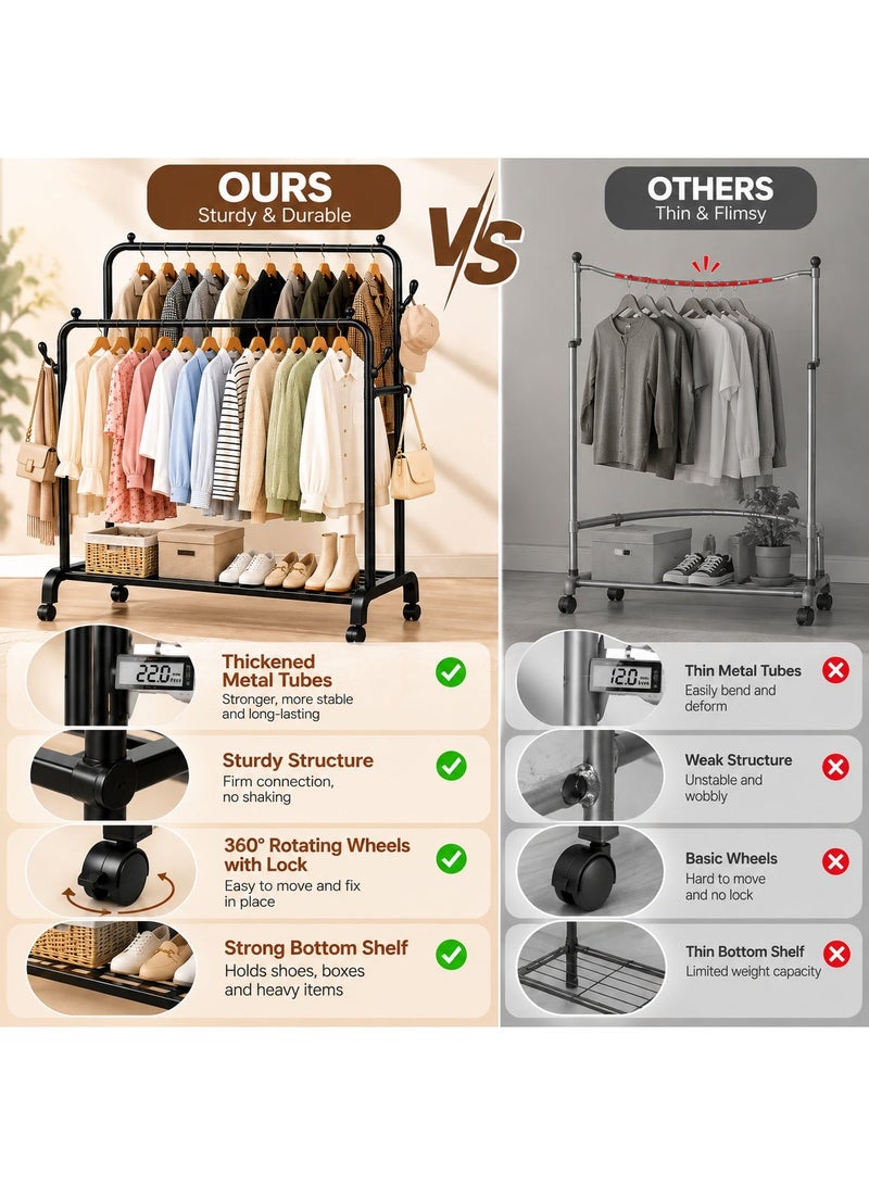 Tulipe Home Multifunctional Double Metal Clothes Rack – Garment Organizer & Clothing Stand with Lower Storage Shelf and 4 Side Hooks – Clothes Hanger for Clothes, Shoes & Bags, 140×68×38 cm, Black - Image 4