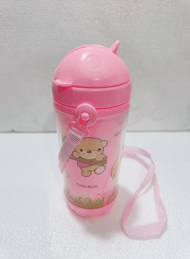 PUTHAK Cute Water Bottles with Straw for Kids Girls Boys, BPA FREE Leak Proof Flip Top Lid & Silicone Sipper & Soft Carry Neck Strap, 500ml (Cartoon Printed) (Pink) - Image 3