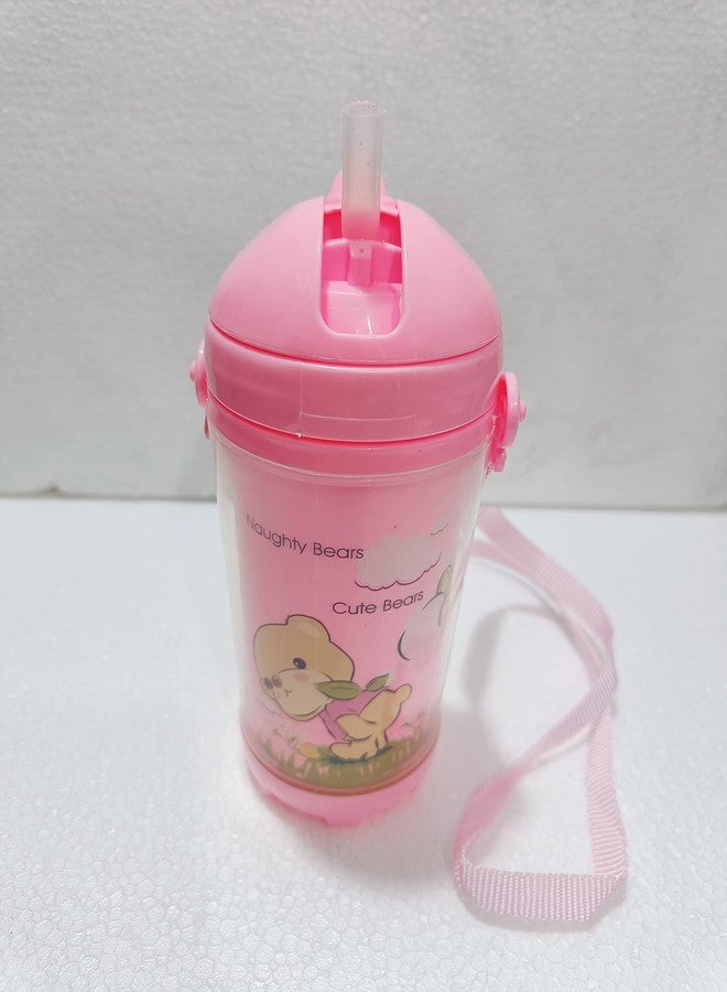 PUTHAK Cute Water Bottles with Straw for Kids Girls Boys, BPA FREE Leak Proof Flip Top Lid & Silicone Sipper & Soft Carry Neck Strap, 500ml (Cartoon Printed) (Pink) - Image 2