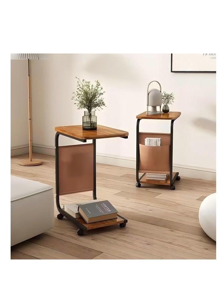 Cool Baby C-Shaped Side Table with Wheels Movable Side Table with Storage Bag 2-Tier Narrow Sofa Table Small Coffee Table with Metal Frame (45x30x65cm, Brown) - Image 2