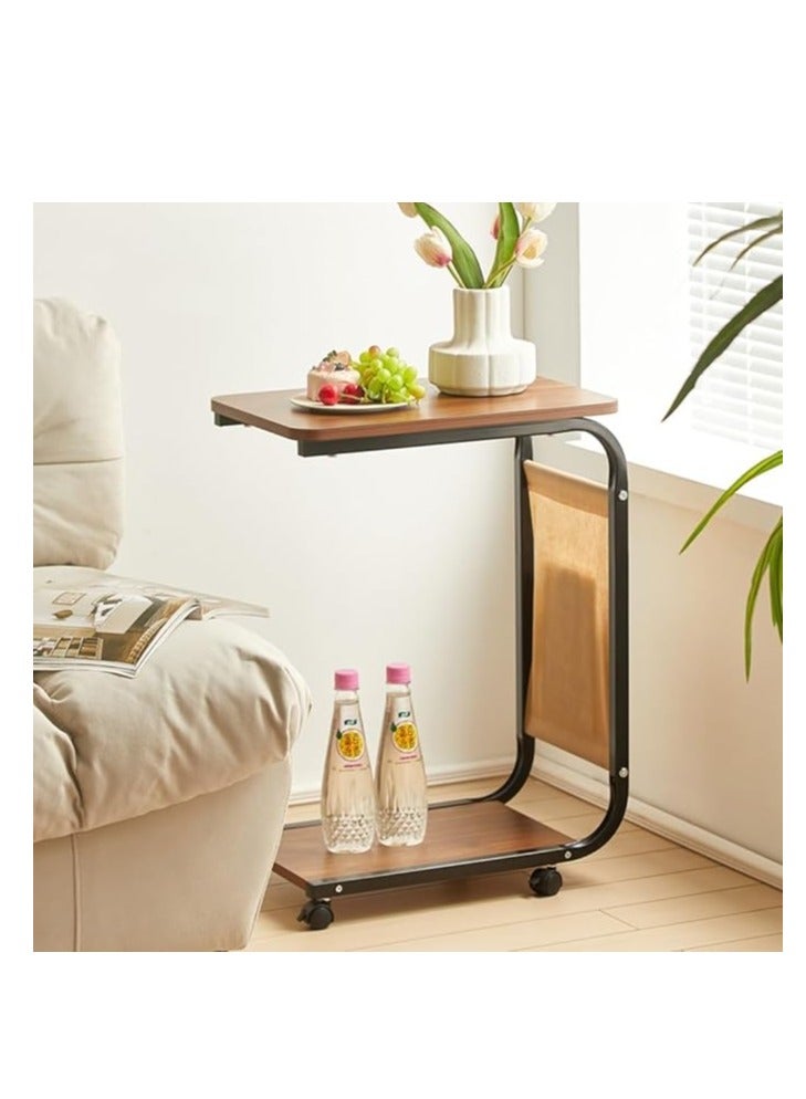 Cool Baby C-Shaped Side Table with Wheels Movable Side Table with Storage Bag 2-Tier Narrow Sofa Table Small Coffee Table with Metal Frame (45x30x65cm, Brown) - Image 3