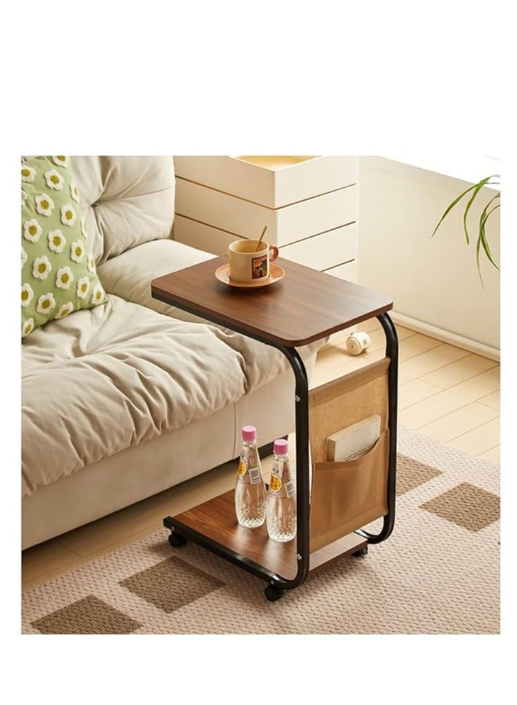Cool Baby C-Shaped Side Table with Wheels Movable Side Table with Storage Bag 2-Tier Narrow Sofa Table Small Coffee Table with Metal Frame (45x30x65cm, Brown) - Image 4