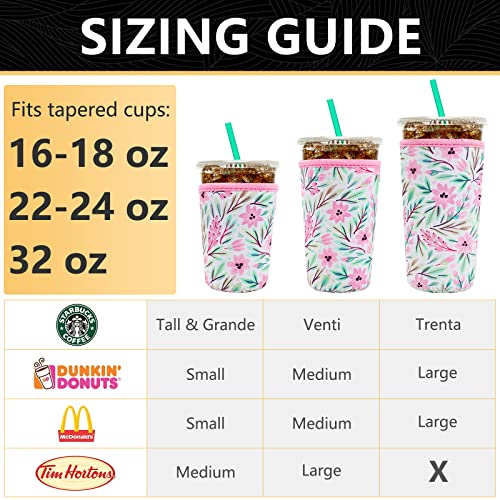 YR Reusable Neoprene Insulator Sleeve for Iced Coffee Cups, 3 Pack Coffee Coolies sleeves for Iced & Hot Drinks, Cold Beverage Cooler Compatible with Starbucks Coffee and More (Pink Flower) - Image 2