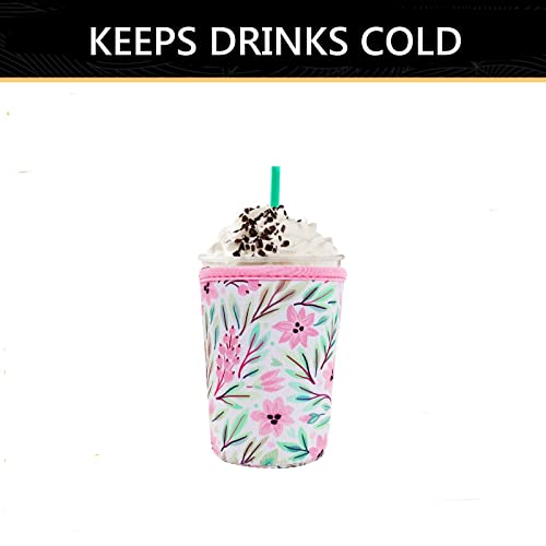 YR Reusable Neoprene Insulator Sleeve for Iced Coffee Cups, 3 Pack Coffee Coolies sleeves for Iced & Hot Drinks, Cold Beverage Cooler Compatible with Starbucks Coffee and More (Pink Flower) - Image 4