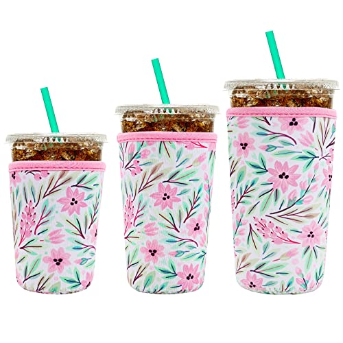 YR Reusable Neoprene Insulator Sleeve for Iced Coffee Cups, 3 Pack Coffee Coolies sleeves for Iced & Hot Drinks, Cold Beverage Cooler Compatible with Starbucks Coffee and More (Pink Flower) - Image 1