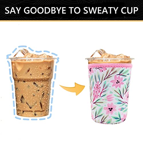 YR Reusable Neoprene Insulator Sleeve for Iced Coffee Cups, 3 Pack Coffee Coolies sleeves for Iced & Hot Drinks, Cold Beverage Cooler Compatible with Starbucks Coffee and More (Pink Flower) - Image 3