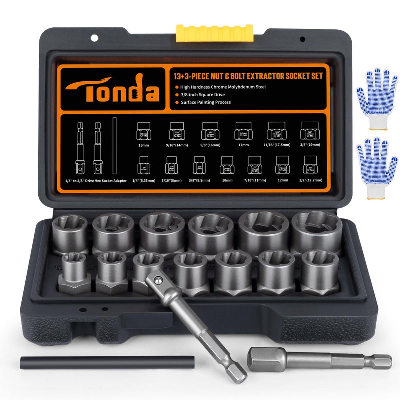 TONDA Bolt Extractor Kit 16Piece Stripped Bolt Remover Socket Set with 38 Drive Impact Adapter KnockOut Pin and Gloves Heavy Duty Bolt Extractor for Rounded Rusted Broken Nuts Screws - Image 2