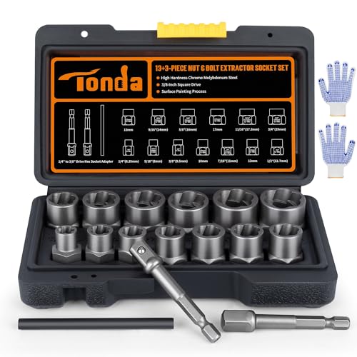 TONDA Bolt Extractor Kit 16Piece Stripped Bolt Remover Socket Set with 38 Drive Impact Adapter KnockOut Pin and Gloves Heavy Duty Bolt Extractor for Rounded Rusted Broken Nuts Screws - Image 1