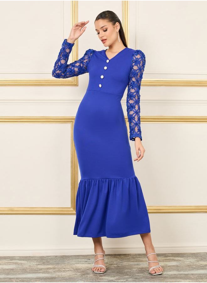 Styli Lace Sleeves Button Detail Mermaid Midi Dress  - Image 1