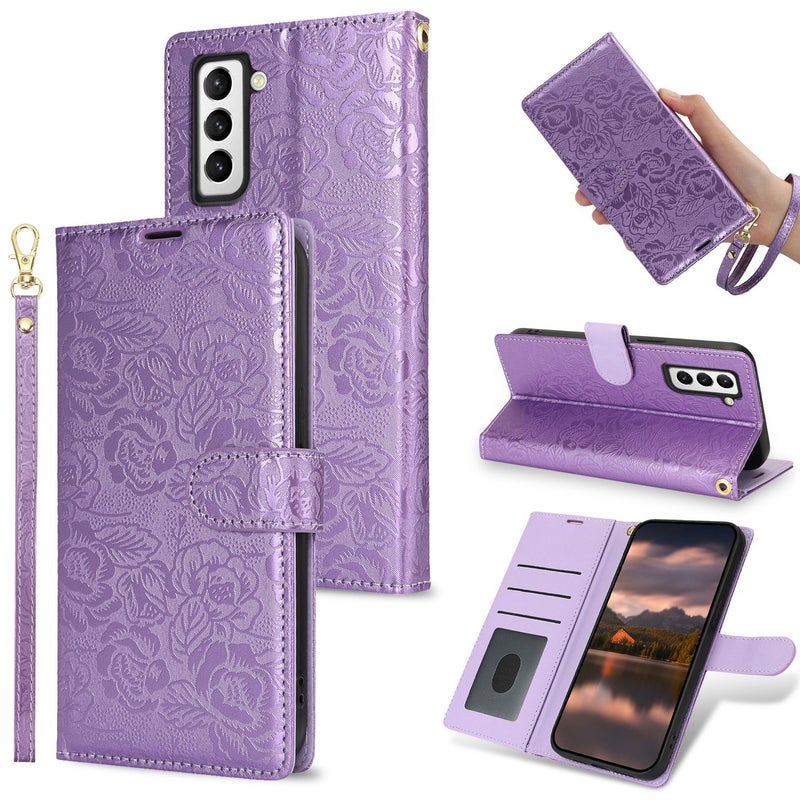 BURAQ Case Cover For Samsung Galaxy S21 FE 5G Peony Flowers Imprint Leather Phone Case(Purple) - Image 1