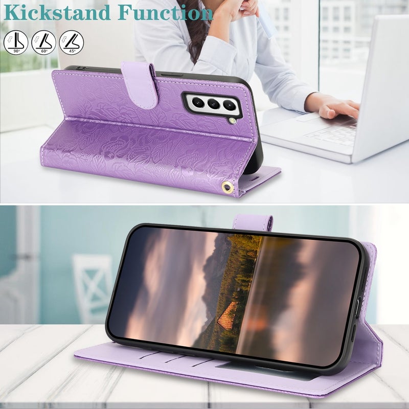 BURAQ Case Cover For Samsung Galaxy S21 FE 5G Peony Flowers Imprint Leather Phone Case(Purple) - Image 5