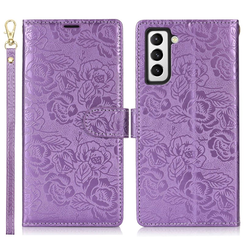 BURAQ Case Cover For Samsung Galaxy S21 FE 5G Peony Flowers Imprint Leather Phone Case(Purple) - Image 2