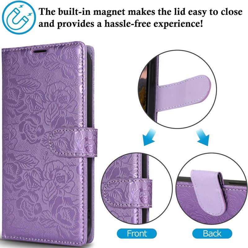BURAQ Case Cover For Samsung Galaxy S21 FE 5G Peony Flowers Imprint Leather Phone Case(Purple) - Image 3