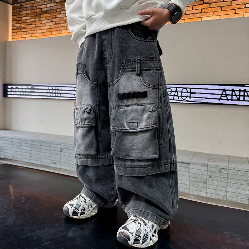 Boys' Pants Street Children'S Jeans 2025 Autumn New Medium And Large Children'S Casual Overalls Trendy - Image 1