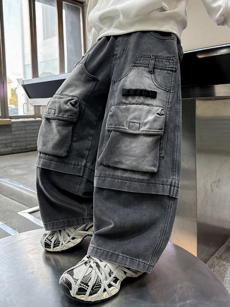 Boys' Pants Street Children'S Jeans 2025 Autumn New Medium And Large Children'S Casual Overalls Trendy - Image 2