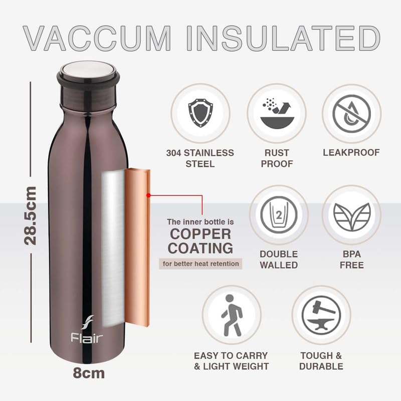 Flair Flair Elite Insulated Steel Bottle | Upto 24 Hours Hot & Cold | Leakproof, BPA-Free, Tough & Durable, Copper Coated-Double Walled, Rust Free Water Bottle (750 ml,Gun Metal) - Image 4