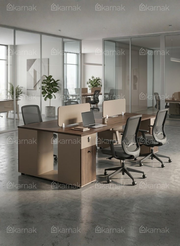 Karnak Edgar 4 Person Office Workstation Desk with Privacy Screen Storage Drawers & Mechanical Code Lock (Walnut Khaki) - Image 3