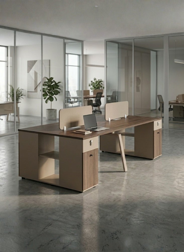 Karnak Edgar 4 Person Office Workstation Desk with Privacy Screen Storage Drawers & Mechanical Code Lock (Walnut Khaki) - Image 1