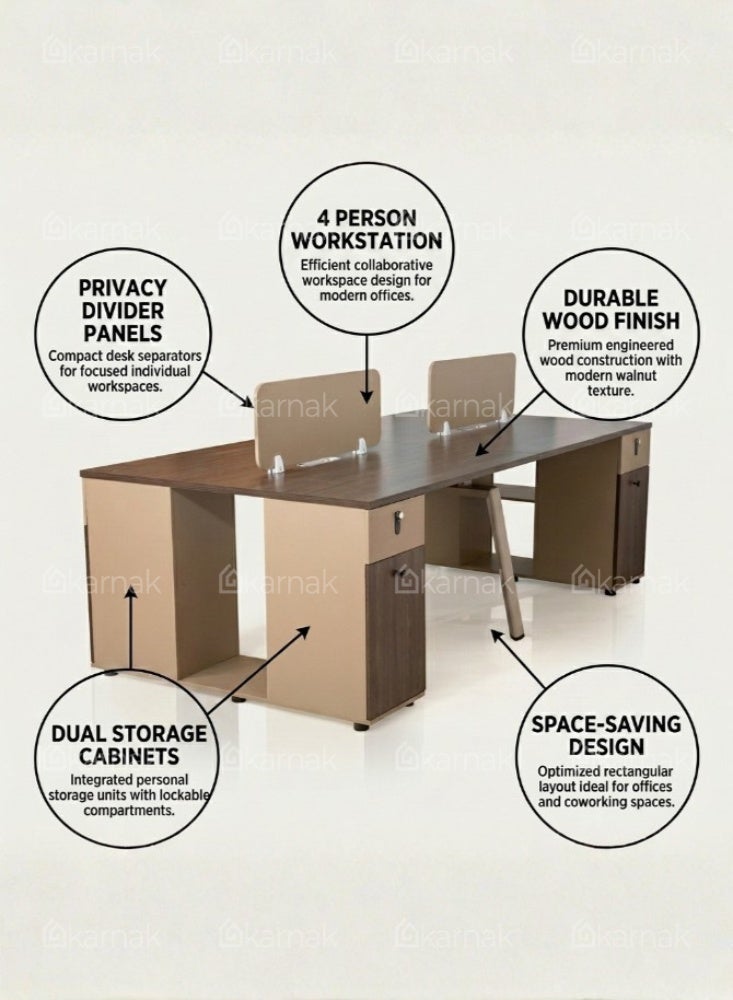Karnak Edgar 4 Person Office Workstation Desk with Privacy Screen Storage Drawers & Mechanical Code Lock (Walnut Khaki) - Image 2