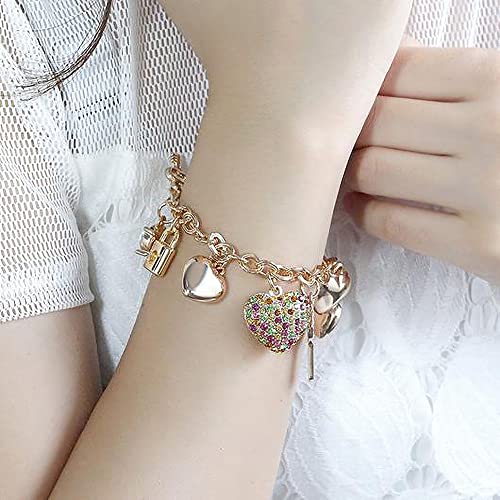 SILANER Gold Chain Link Bracelet - 7"+ 2" Extender 14K Gold Plated Love Locked Bracelets for Women, with Crystal, Love Heart,Key, Lock, Charm Bracelet - Image 3
