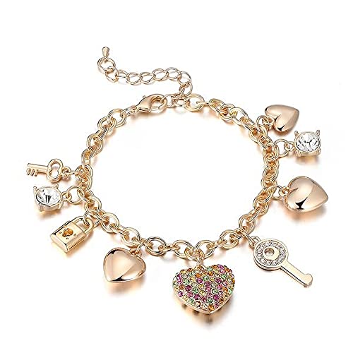 SILANER Gold Chain Link Bracelet - 7"+ 2" Extender 14K Gold Plated Love Locked Bracelets for Women, with Crystal, Love Heart,Key, Lock, Charm Bracelet - Image 1