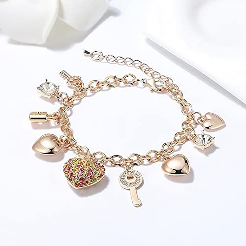 SILANER Gold Chain Link Bracelet - 7"+ 2" Extender 14K Gold Plated Love Locked Bracelets for Women, with Crystal, Love Heart,Key, Lock, Charm Bracelet - Image 2
