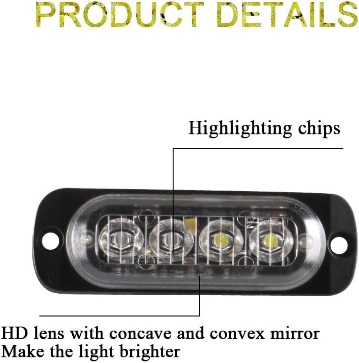 Sidaqi Red&White 4-LED Surface Flash Mount Grille Emergency Strobe Lights Ultra Slim Deck Dash Grill Warning Police Light Hazard Beacon Caution Flashing Light for Vehicles Van Waterproof 12-24V-4PCS - Image 3