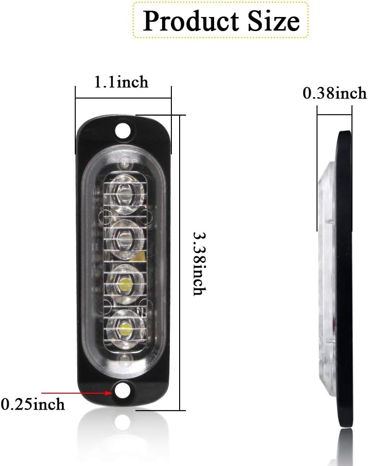 Sidaqi Red&White 4-LED Surface Flash Mount Grille Emergency Strobe Lights Ultra Slim Deck Dash Grill Warning Police Light Hazard Beacon Caution Flashing Light for Vehicles Van Waterproof 12-24V-4PCS - Image 2