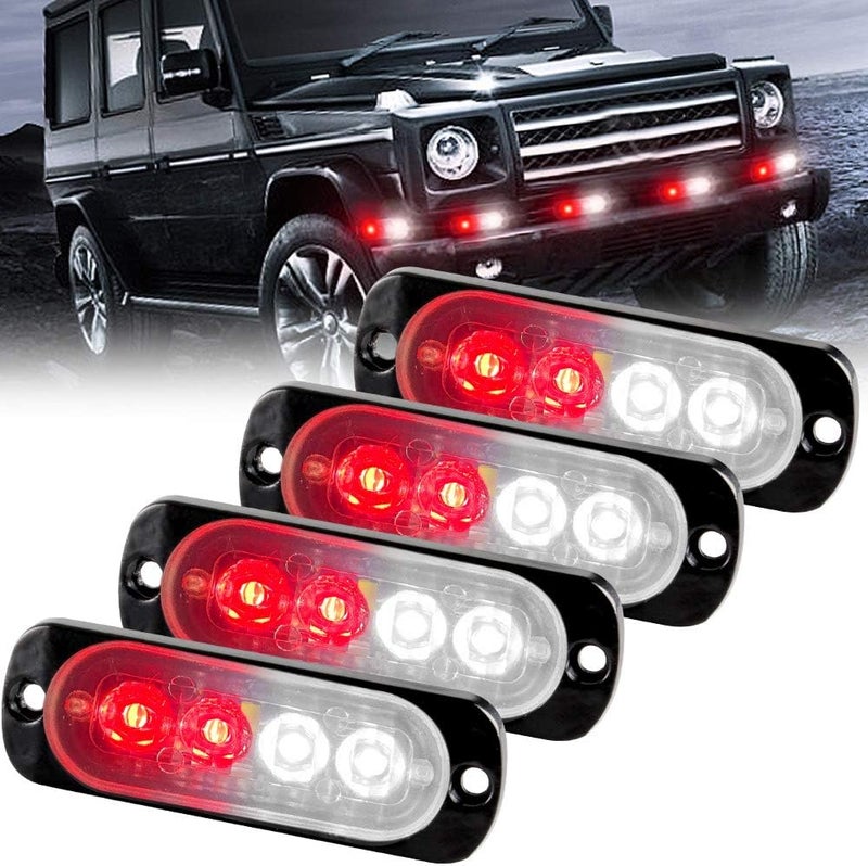 Sidaqi Red&White 4-LED Surface Flash Mount Grille Emergency Strobe Lights Ultra Slim Deck Dash Grill Warning Police Light Hazard Beacon Caution Flashing Light for Vehicles Van Waterproof 12-24V-4PCS - Image 1