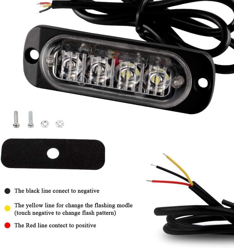 Sidaqi Red&White 4-LED Surface Flash Mount Grille Emergency Strobe Lights Ultra Slim Deck Dash Grill Warning Police Light Hazard Beacon Caution Flashing Light for Vehicles Van Waterproof 12-24V-4PCS - Image 4