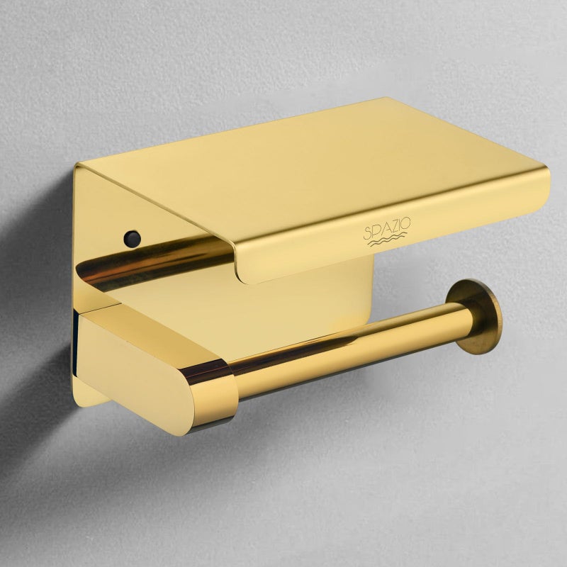 SPAZIO Stainless Steel Gold Toilet Paper Holder/Tissue Dispenser/Paper Holder with Mobile Stand for Bathroom (Wall Mount Installation) - Image 1