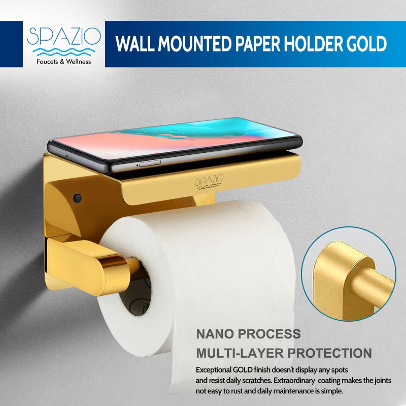 SPAZIO Stainless Steel Gold Toilet Paper Holder/Tissue Dispenser/Paper Holder with Mobile Stand for Bathroom (Wall Mount Installation) - Image 5