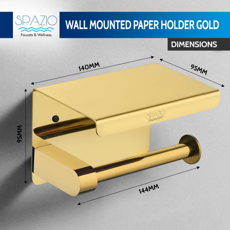 SPAZIO Stainless Steel Gold Toilet Paper Holder/Tissue Dispenser/Paper Holder with Mobile Stand for Bathroom (Wall Mount Installation) - Image 2